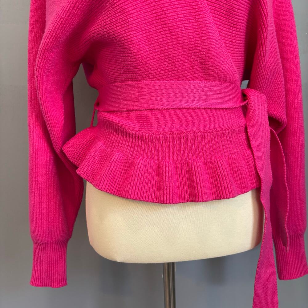 Lulus Hot Pink Barbiecore Wrap Sweater Coquette Ruffle Hem Balletcore Preppy S - Picture 3 of 8